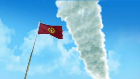Kyrgyzstan Flag 3D Render Animation on Pole with Fighter Jets Smoke Trails i Stock-Footage 333241278