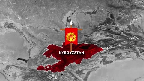 Kyrgyzstan is highlighted in red on a grayscale map with its flag Stock Footage 335668994