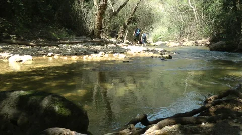 Kziv river at spring. People walking across the spring. Stock Footage 2604871