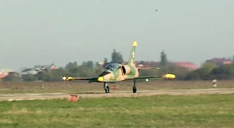 L-39 (Aero L-39 Albatros) combat training aircraft is taxiing along runway. Stock Footage 144254639