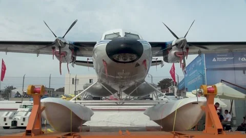 L 410 aircraft on float landing gear at Hydroaviasalon - 2018 in Gelendzhik Stock Footage 148626374