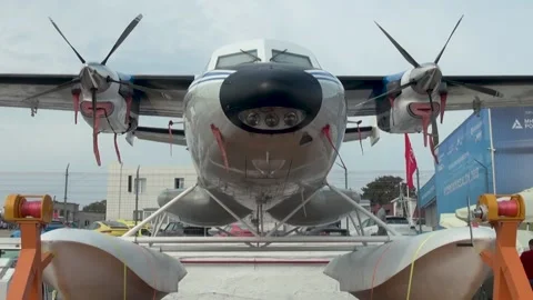 L 410 aircraft on float landing gear at Hydroaviasalon - 2018 in Gelendzhik Stock Footage 148626432