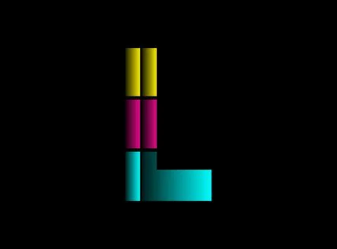 L letter font, vector logo made of Cmyk color. Dynamic split blue, pink, yell Illustrazione stock