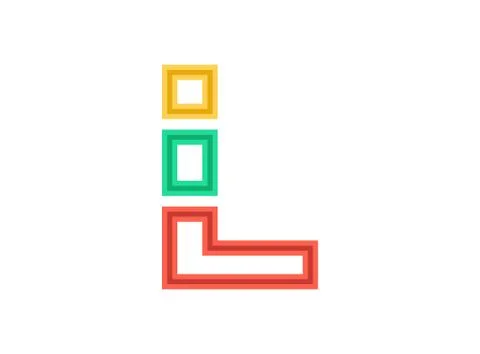 L letter logo, vector outline stroke font. Slice, cut design with red, green, Illustrazione stock