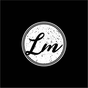 L M Initial Handwriting In Black and White Circle Frame Design Stock Illustration