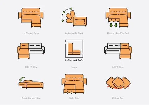L shape smart sofa icon set Stock Illustration