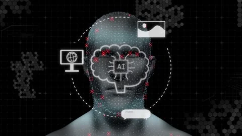 L-shaped light appearing dots forming matrix head AI chip activating icons Stock Footage 334810867