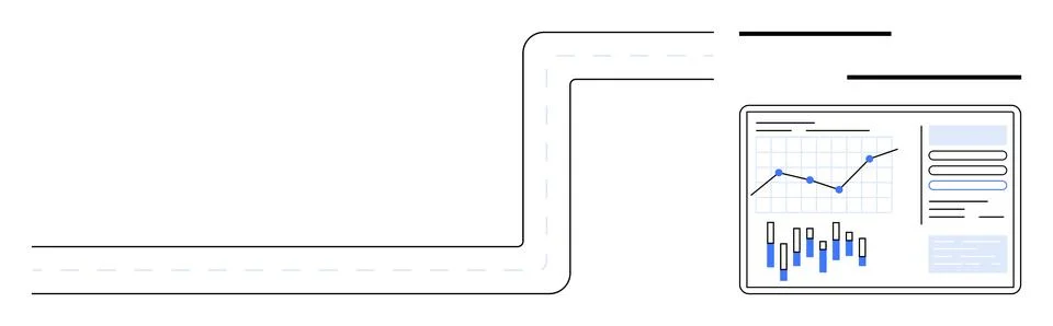 L-shaped road leading to computer screen displaying line and bar graphs. Idea Illustrazione stock