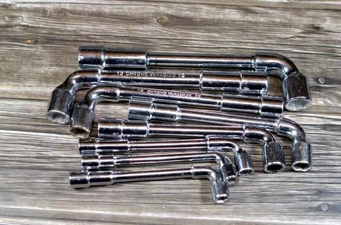 L shaped socket wrench, hand tools set, various tools like ring spanners, c.. Stock Photos