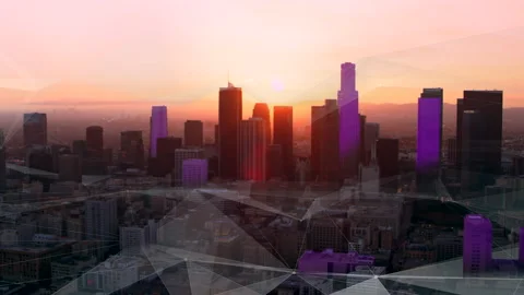 LA Aerial connected 5G smart city sunset golden hour lighting with futuristic ne Stock Footage 199457319