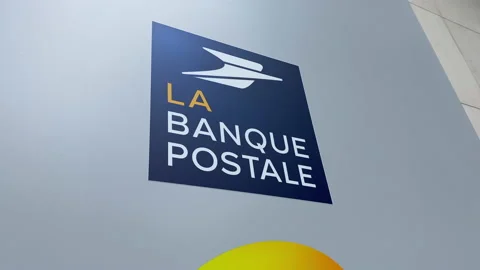 La Banque Postale logo, on the front of the french national bank agency Stock Footage 154656212
