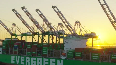 LA, CA, USA – July 24, 2026: Evergreen container ship at sunset Stock Footage 340405039