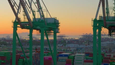 LA, CA, USA - March 1, 2026: Ship to Shore Gantry Cranes at Container Terminal Stock Footage 329955877