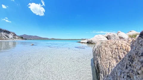 La Cinta Beach Rock Foreground Mountains Mediterranean Stock-Footage 343728057