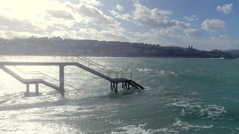 La Concha Beach Right Pan - Nautico Rough Waves San Sebastián Spain Stock Footage 340414588