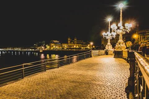 La Concha Night Beach, Basque Country, Spain Stock Photos