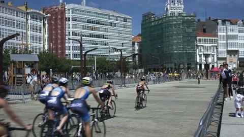 La Coruna, Spain - 18 June 2022 : Spanish Thriathlon Championship. Cycling stage Stock Footage 213610247