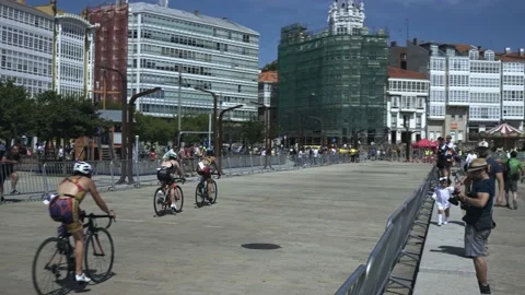 La Coruna, Spain - 18 June 2022 : Spanish Thriathlon Championship. Race. Women Stock Footage 213610296