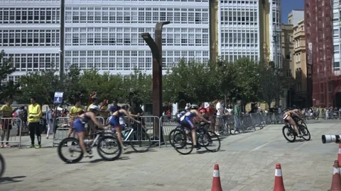 La Coruna, Spain - 18 June 2022 : Spanish Thriathlon Championship. Turning Stock Footage 213610345