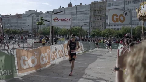 La Coruna, Spain - 18 June 2022 : Spanish Thriathlon Championship. Men's finish Stock Footage 213610725