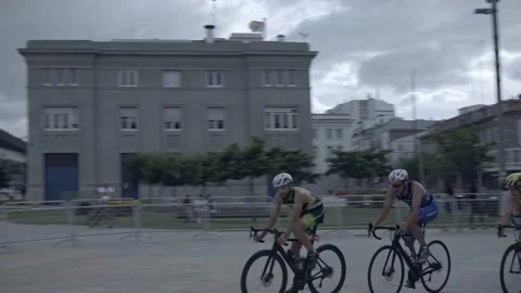 La Coruna, Spain - 18 June 2022 : Spanish Thriathlon Championship. Cyclists Stock Footage 213610851