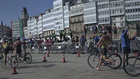 La Coruna, Spain - 18 June 2022 : Spanish Thriathlon Championship. Exiting the Stock Footage 213611176