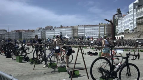 La Coruna, Spain - 18 June 2022 : Spanish Thriathlon Championship. Transit zone Stock Footage 213612057