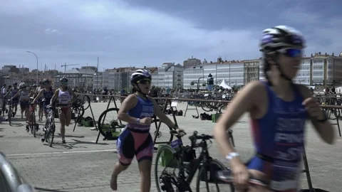 La Coruna, Spain - 18 June 2022 : Spanish Thriathlon Championship. Running in Stock Footage 213612311