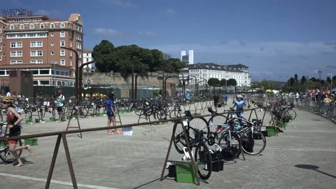 La Coruna, Spain - 18 June 2022 : Spanish Thriathlon Championship. Daytime Stock Footage 213612422
