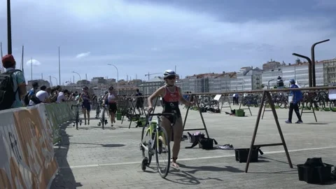 La Coruna, Spain - 18 June 2022 : Spanish Thriathlon Championship. Transit zone Stock Footage 213612586