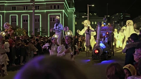La Coruna, Spain - 5 Jan 2023: Feast of the Three Kings. A costume carnival goes Stock Footage 229502967
