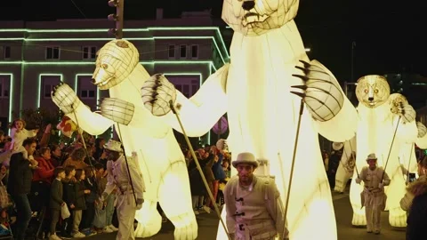 La Coruna, Spain - 5 Jan 2023: Feast of the Three Kings. Huge white glowing Stock Footage 229502971