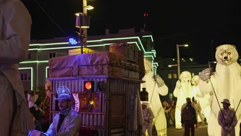 La Coruna, Spain - 5 Jan 2023: Feast of the Three Kings. Carnival show in the Stock Footage 229502997