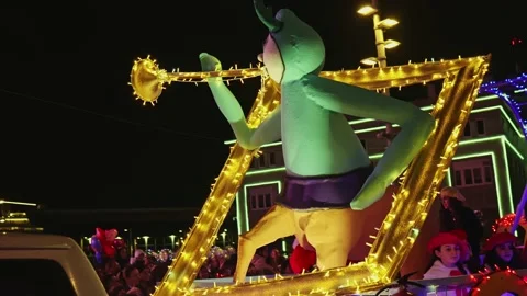 La Coruna, Spain - 5 Jan 2023: Feast of the Three Kings. An illuminated cart Stock Footage 229503110