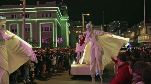 La Coruna, Spain - 5 Jan 2023: Feast of the Three Kings. Costumed actors on Stock Footage 229503143