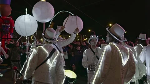 La Coruna, Spain - 5 Jan 2023: Feast of the Three Kings. Men in illuminated Stock Footage 229503481