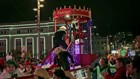 La Coruna, Spain - 5 Jan 2023: Feast of the Three Kings. King Melchor Stock Footage 229503637