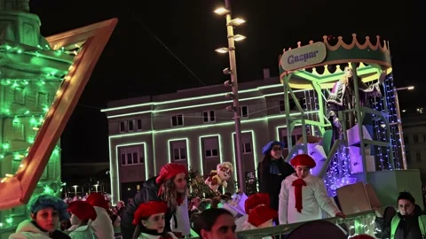 La Coruna, Spain - 5 Jan 2023: Feast of the Three Kings. King Gaspar greets the Stock Footage 229503703