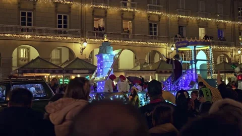La Coruna, Spain - 5 Jan 2023: Feast of the Three Kings. The baltasar king rides Stock Footage 229504203