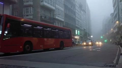 La Coruna, Spain 9 october 2023: Foggy Commute: City in the Mist Stock Footage 261683251