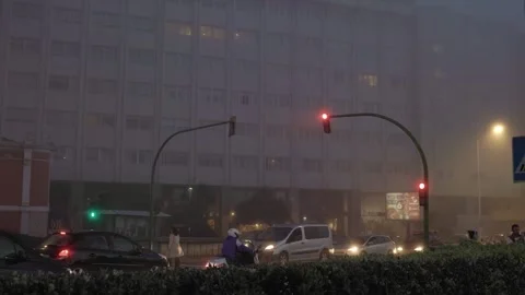 La Coruna, Spain 9 october 2023: City at Dusk: The Veil of Fog Stock Footage 261683370
