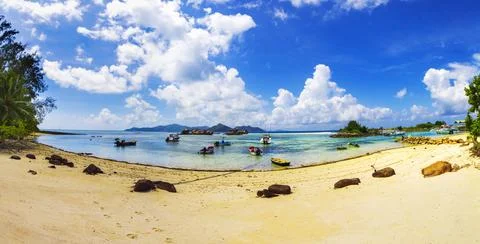 La Digue Panoramic beach views from the Seychelles Stock Photos