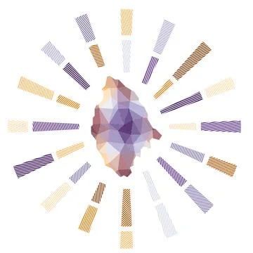 La Digue sunburst. Low poly striped rays and map of the island. Creative ve.. 스톡 일러스트