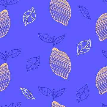 La dolce vita. Seamless pattern with yellow lemons on blue background. Medi.. Stock Illustration