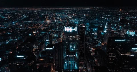 LA Downtown Skyline at Night Aerial - 4K Stock Footage