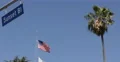 LA Establishing Shot Sunset Boulevard Street Road Sign Los Angeles American Flag 4k or 4k+ Resolution