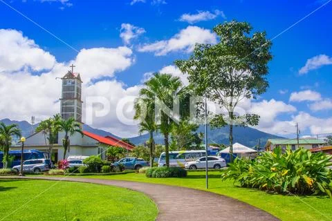 LA FORTUNA, COSTA RICA - JUNE, 28, 2018: Outdoor view of Church on main square Stock Photos