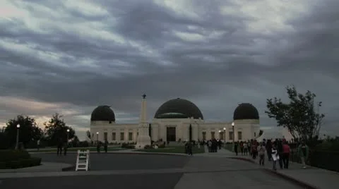 LA Griffith Park Observatory 1 Magic Hour Dramatic Stormy Sky-Grey Clouds Stock Footage 10571318