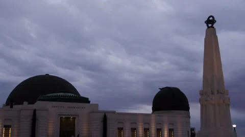 LA Griffith Park Observatory 11 Magic Hour Dramatic Stormy Sky grey clouds Stock Footage 10571548