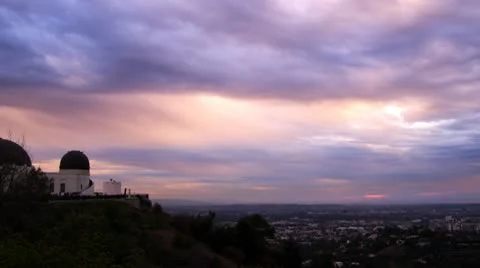 LA Griffith Park Observatory 16 Magic Hour Dramatic Stormy Sky-over Hollywood Video stock 10571563